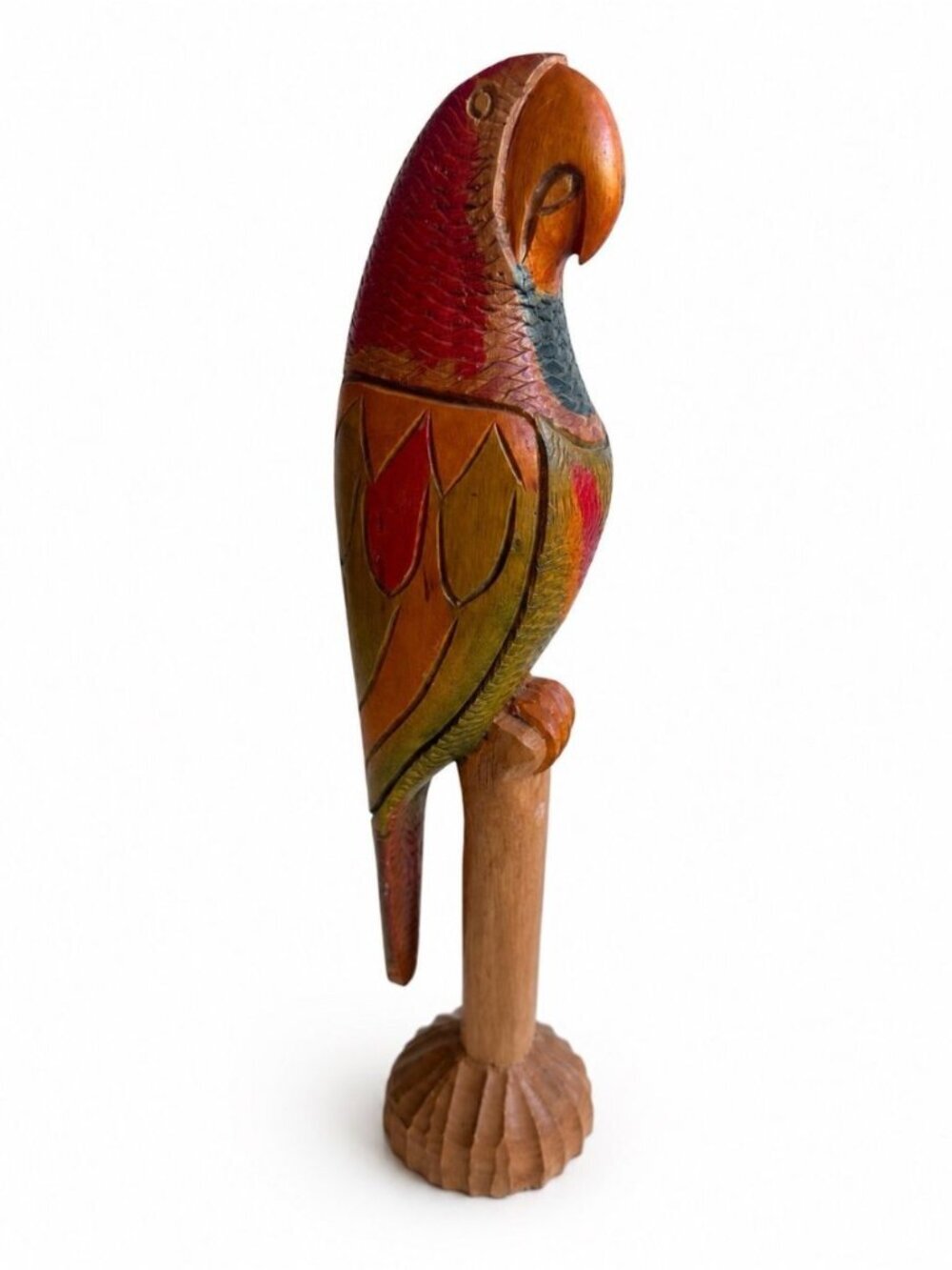 Vintage Hand Carved Wooden Parrot Sculpture 18” Tropical Folk Art Bird Coastal